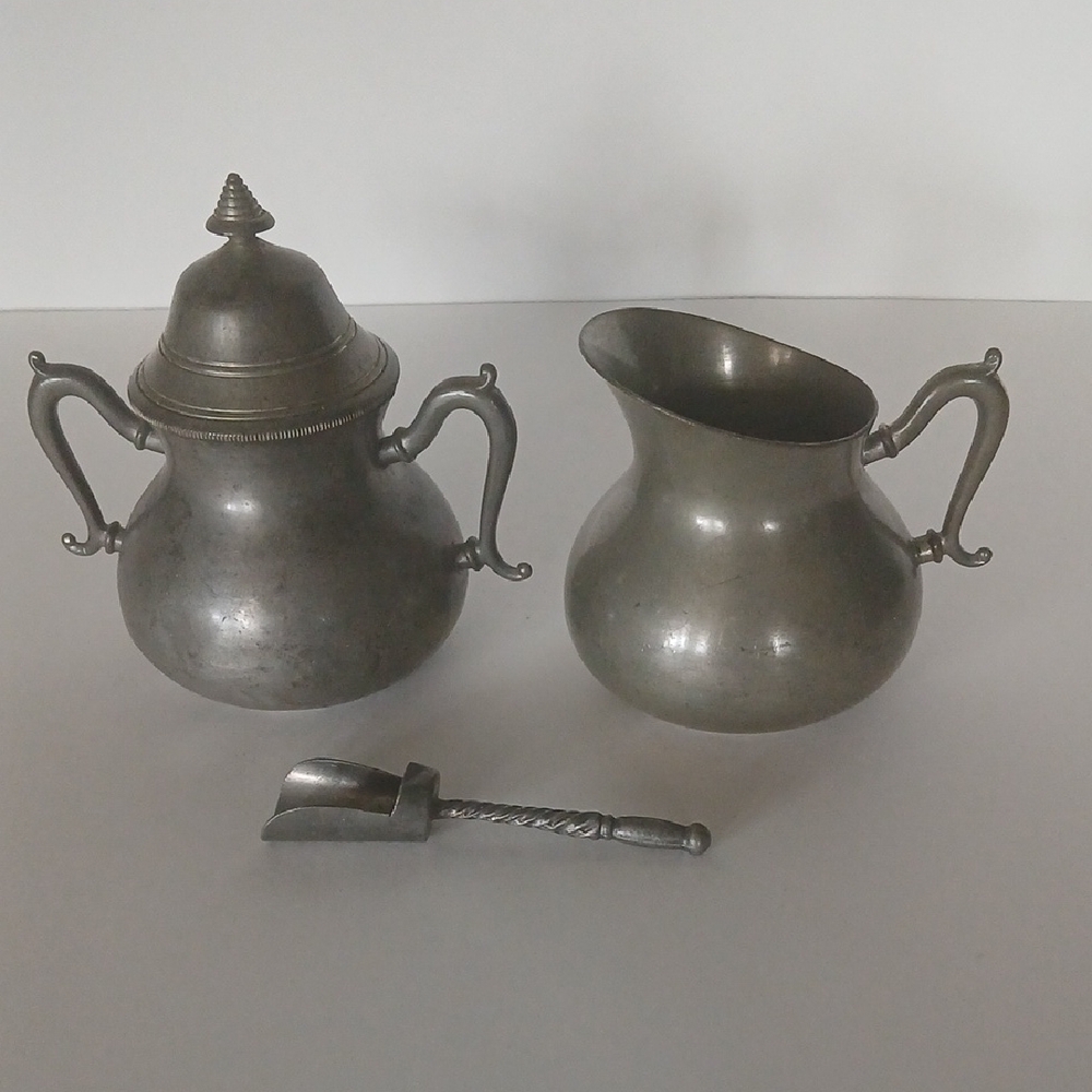 Collectable Vintage Royal Holland Pewter Set SHR With Sought After Sugar Scoop
